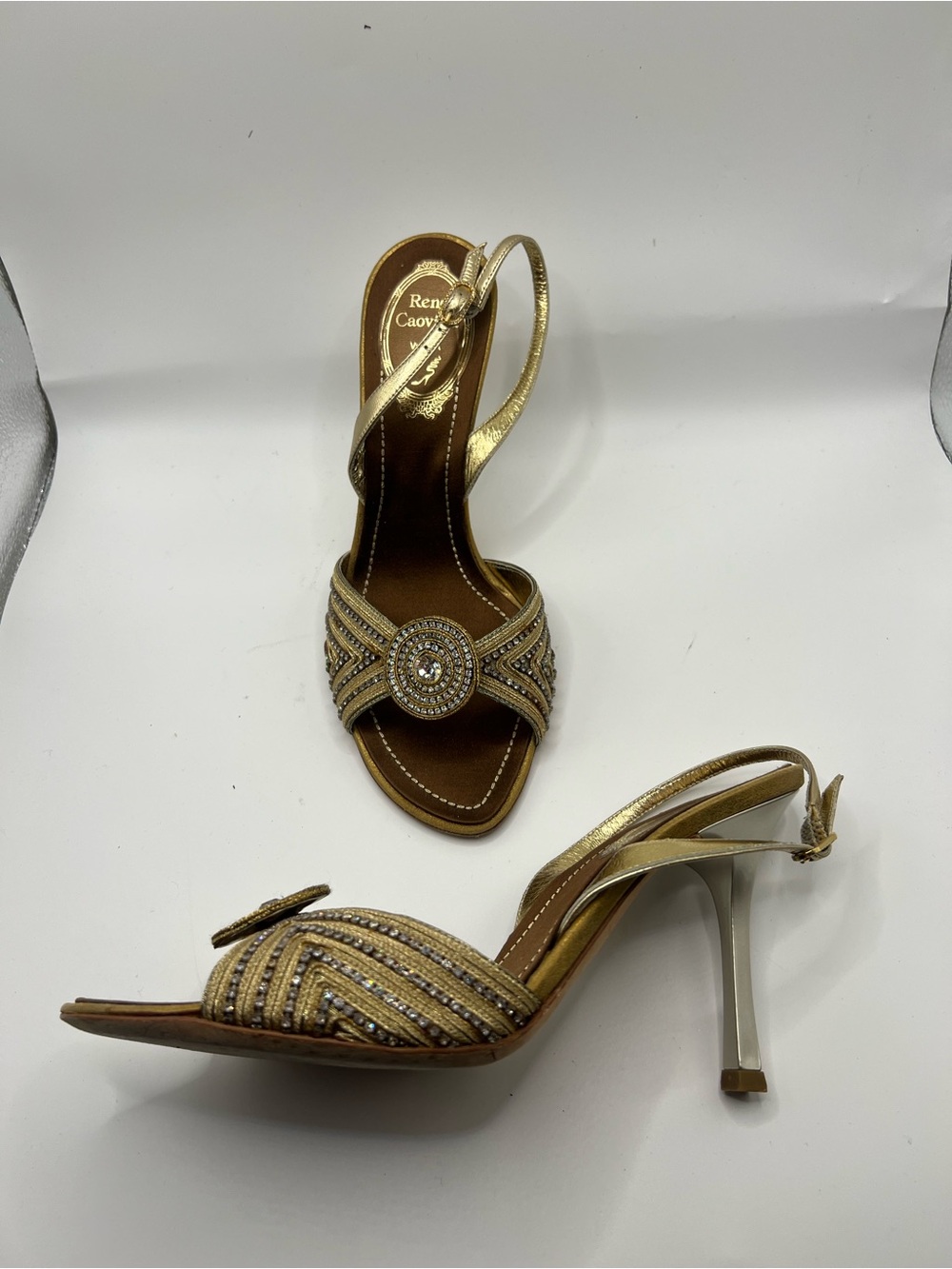 Rene Caovilla Gold Crystal Medallion Slingback Heels - Picture 4 of 15